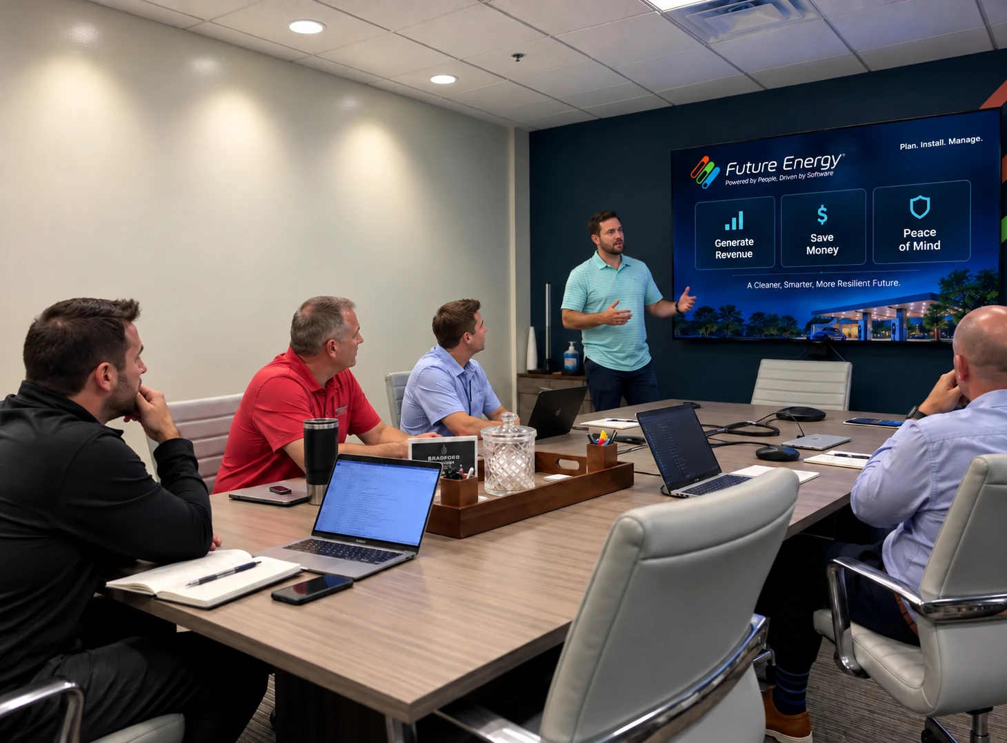 A Future Energy team presenting a Plan, Install, Manage strategy briefing to a group in a conference room